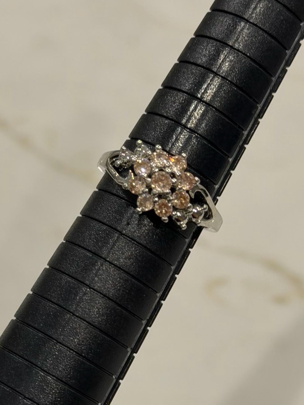 Pink Crystal Floral Cluster Silver Tone Ring Size 7.5